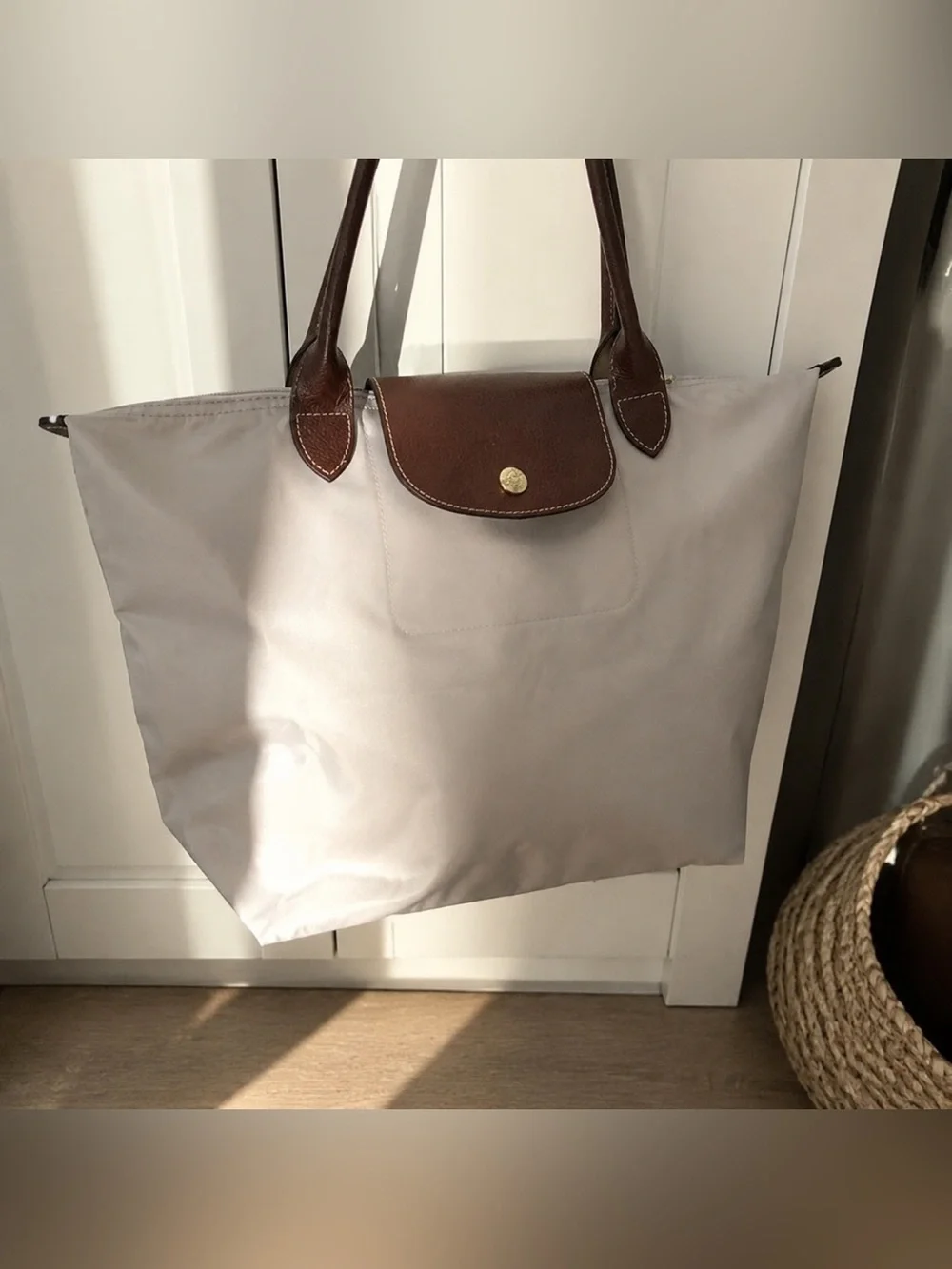 Longchamp Tote in Cream with Brown Trim